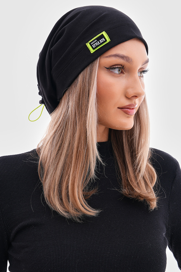 Women's Black Beret Neon Green Rope Detailed Italian Design 4 Season Hat Beret Buff