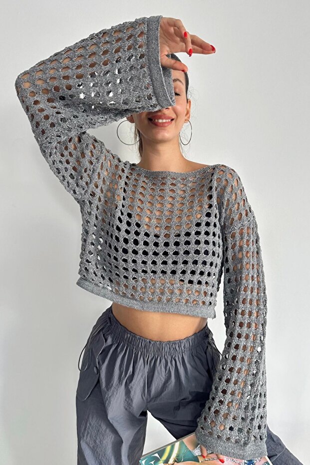 Women's Gray Openwork Perforated Crop Knitwear Blouse
