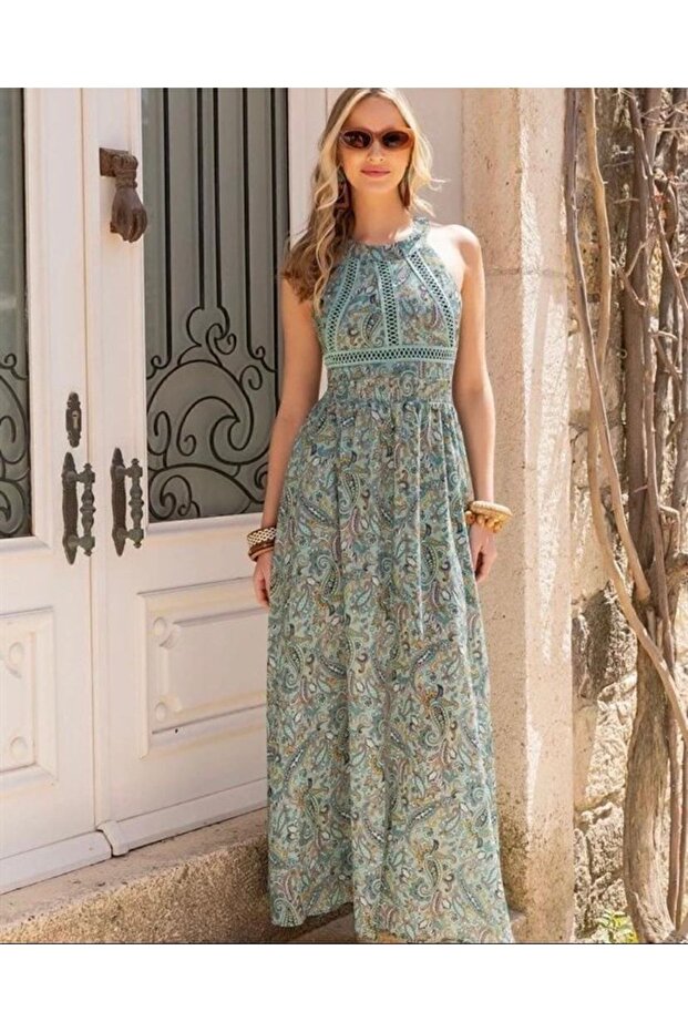 Shawl Patterned Backless Chiffon Long Dress