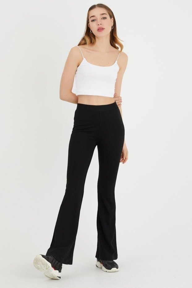 Women's Black Flare Leg Steel Knitted Gathering Trousers Leggings