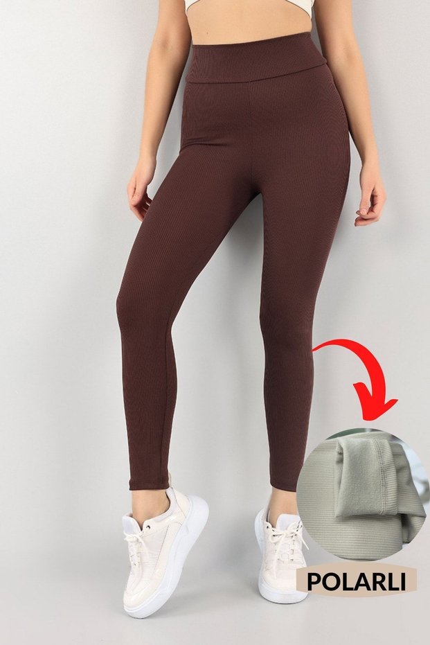 Women's Brown Winter Fleece Inside High Waist Ribbed Leggings
