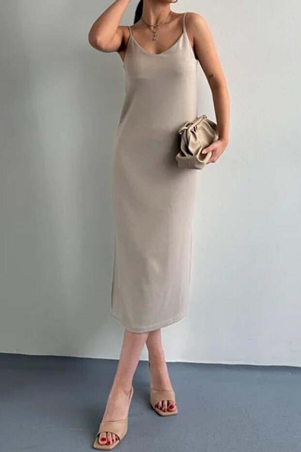 Women's Beige Midi Length Strappy V-Neck Summer Dress