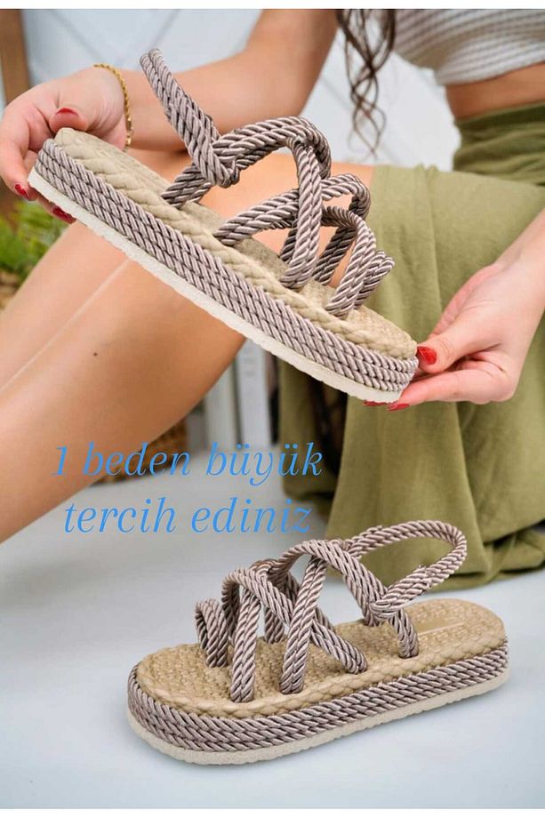 Unisex Vizon Halat Ipli Yüksek Taban Hasır Sandalet - 1 Beden Büyük Almanız Önerilir - 1