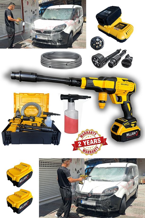 Basınçlı 10 Pilli Çift Akülü Şarjlı Oto Yıkama Makinesi + Çift Pistonlu 12 V Kompresör ve Tamir Seti - 2