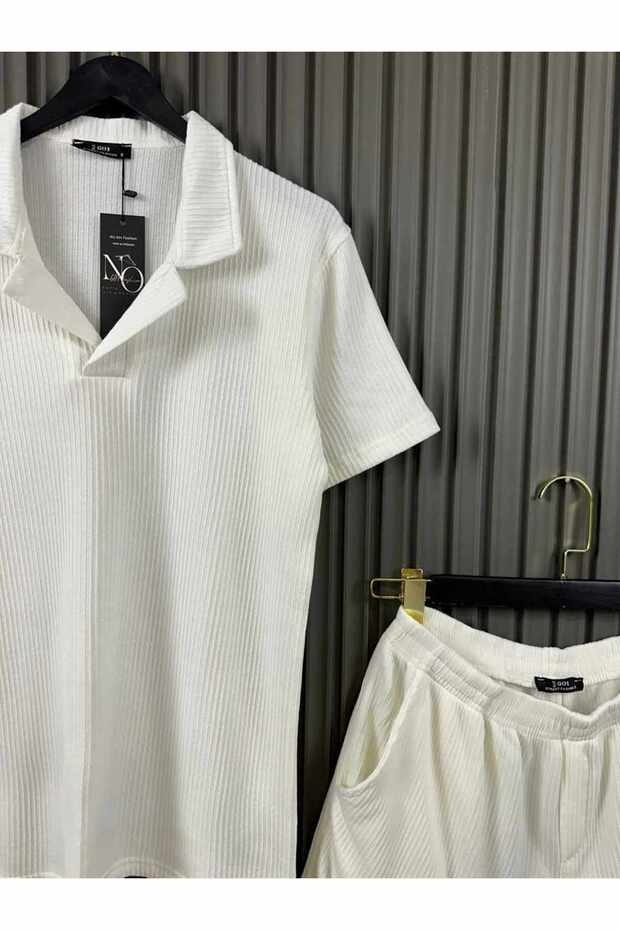 Men's White Ecru Striped Fabric Comfortable Loose Fit Casual T-Shirt Striped Shorts Set