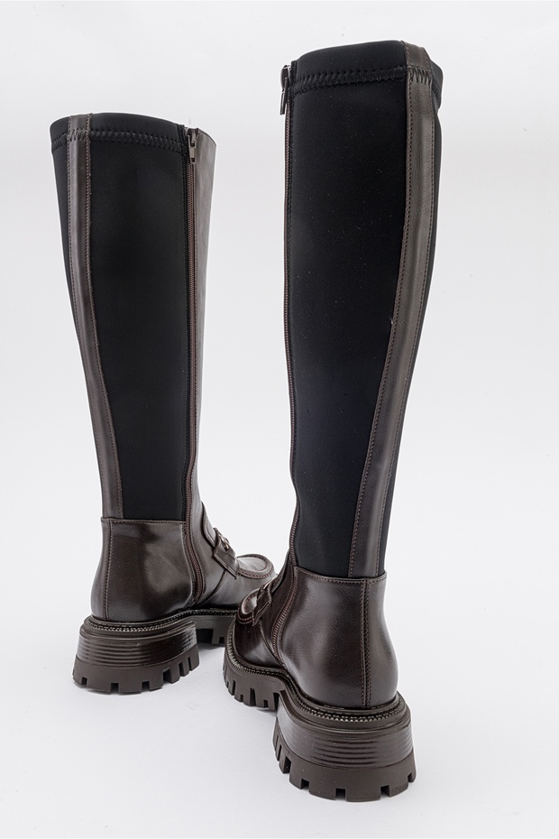 CHAPEL barna bőr csatos sztreccs részletes női csizma - 5