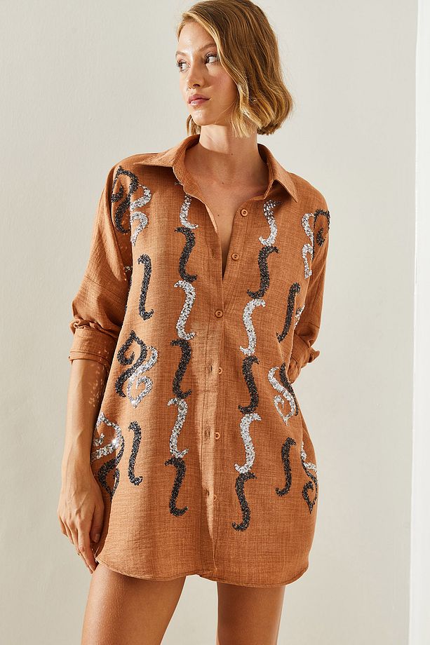 Kadın İşlemeli Taşlı Oversize Gömlek 60251032 - 3