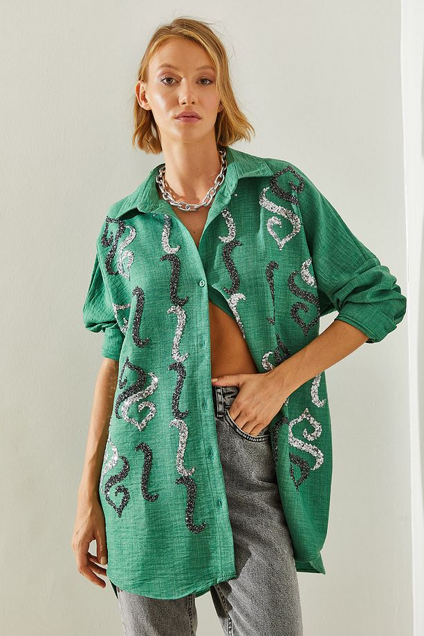 Kadın İşlemeli Taşlı Oversize Gömlek 60251032 - 5