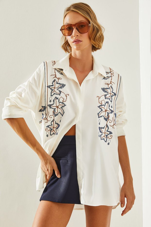 Women's White Embroidery Patterned Oversize Shirt 5928 60251479