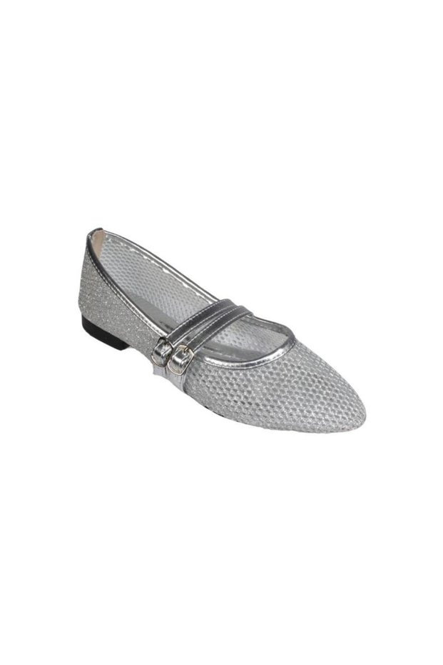YAZKIŞ Women's Black Silver Ballerinas - Plain Scarf and Mesh
