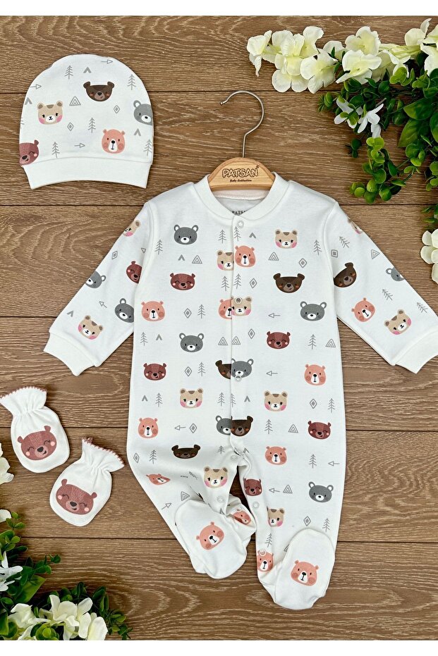 Organic Cotton 3-Piece Baby Rompers Set with Gloves, Hat and Booties Bears