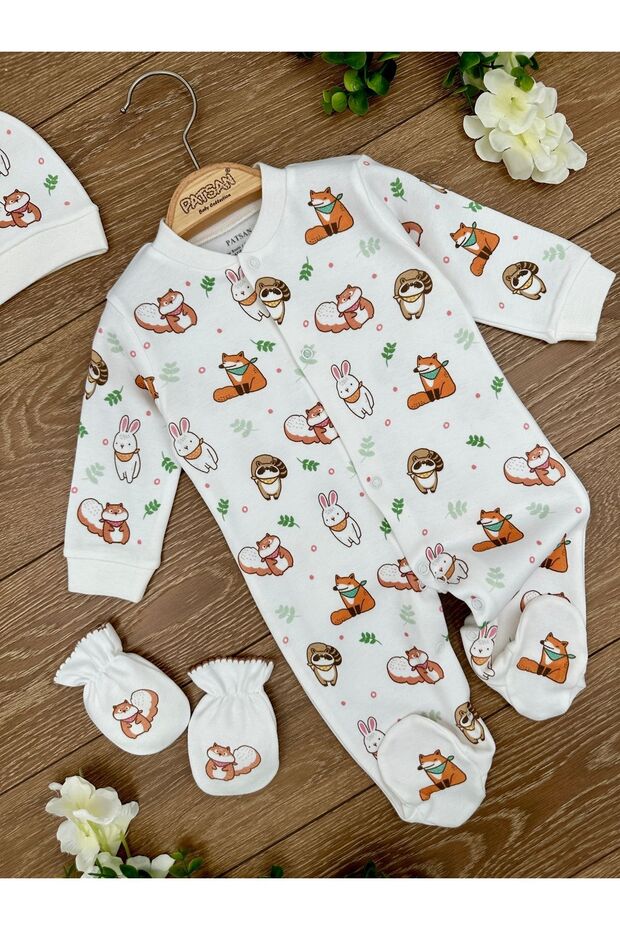 Organic Cotton 3-Piece Baby Rompers Set with Gloves, Hat and Booties Squirrel Fox Raccoon