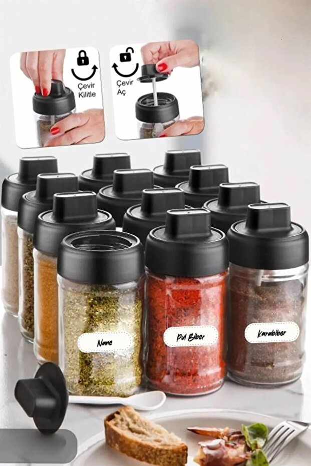 6 Pieces Spice Bowl Set with Lid, Spoon and Lock Label - (300 ML) Glass Jar 6 Pieces
