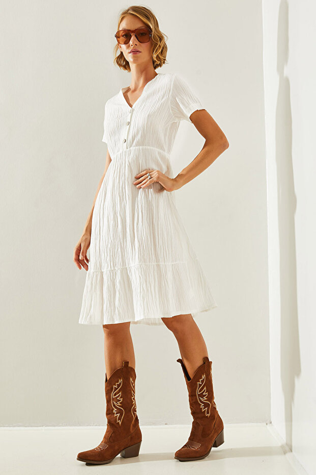 Women's Ecru V-Neck Muslin Fabric Short Sleeve Basic Dress 2282 60251464