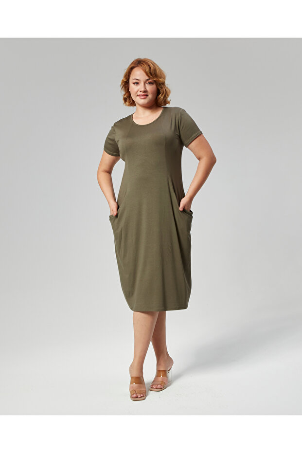Women's Green Dress with Short Sleeves Pockets