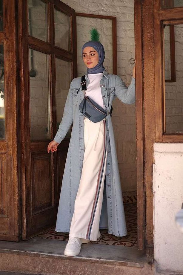 Kadın Denim Düğmeli Trenç Elbise-Mavi - 4