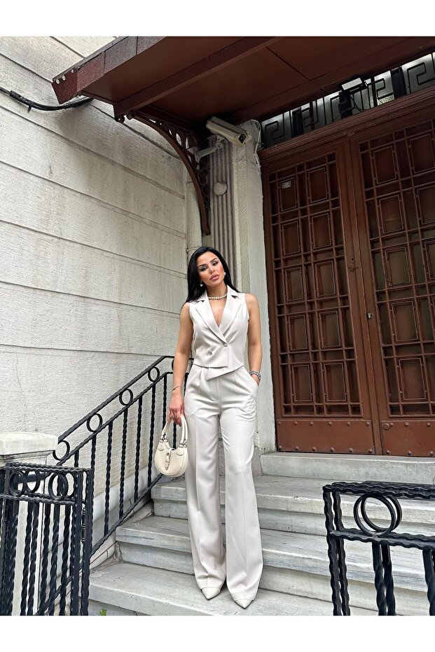 Aszimmetrikus szabású női mellény és Palazzo nadrág szett - 3