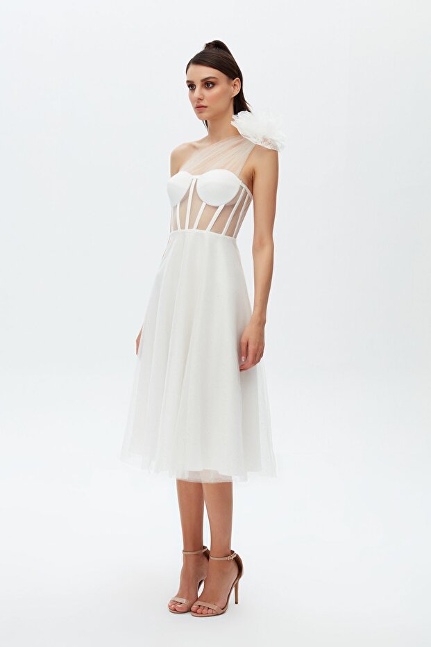 Drape Detaylı Tül Korse Görünümlü Midi Elbise - 3
