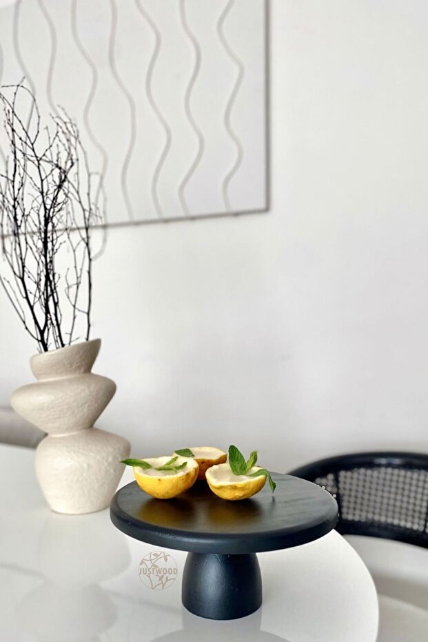 Justwood Lucca Black 25 Cm Wooden Round Cake Presentation Serving Plate with 10 Cm Foot