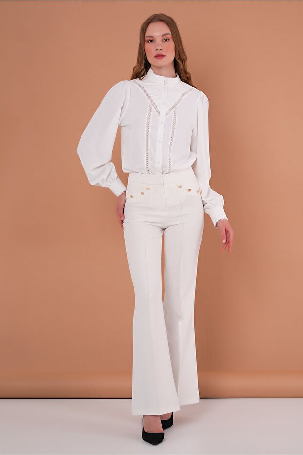 Gold Button Detailed Flare Leg Ecru Trousers