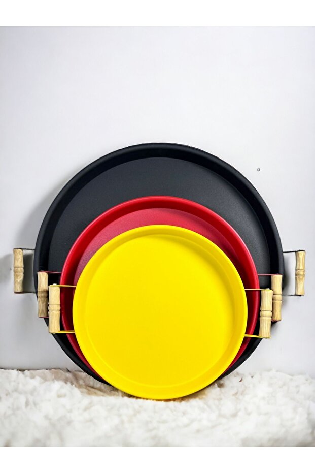 3 Pieces 45,37,30 Cm Metal Tray with Wooden Handle Presentation Tray Set