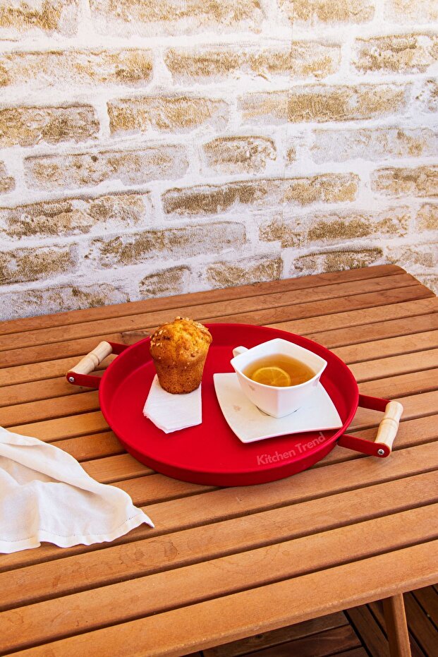 30 Cm Red Metal Tray with Wooden Handle Tea Tray Coffee Tray Presentation Tray