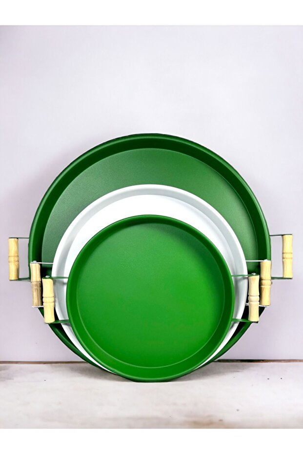 3 Pieces 45,37,30 Cm Metal Tray with Wooden Handle Presentation Tray Set
