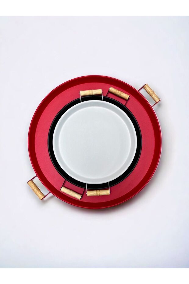 3 Piece Metal Tray with Wooden Handles Tea Tray Coffee Tray Presentation Tray Set (RED,BLACK,WHITE)