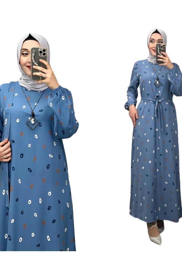 Mavi-Renkli Halka Desenli Uzun Kollu Boydan Kuşaklı Viskon Yazlık Elbise - 8