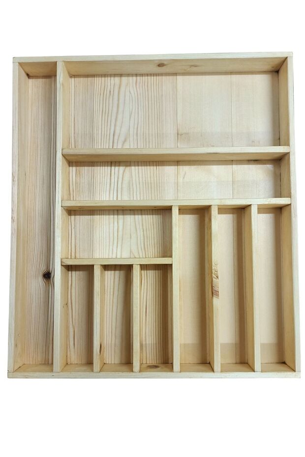 44X50 cm Cutlery Drawer Organizer Natural Wood 10 Compartments for Spoons, Forks, Knives