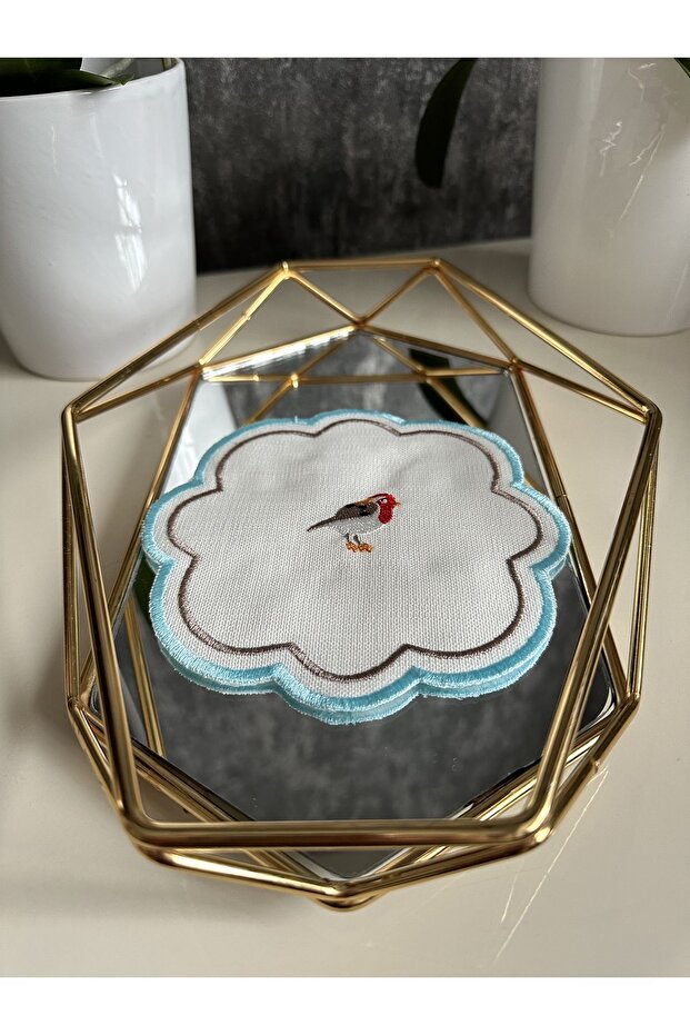 Love Birds Linen Fabric Blue Embroidered Coffee Side Cocktail Presentation Napkin