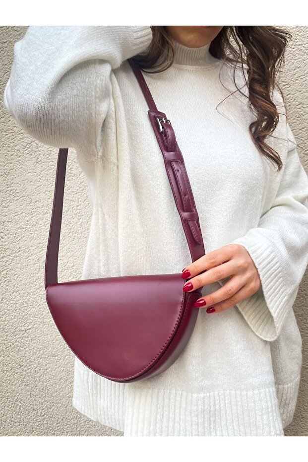 Women's Burgundy Cherry Red Matte Belt Strap Asymmetrical Cut Shoulder Bag Cranberry