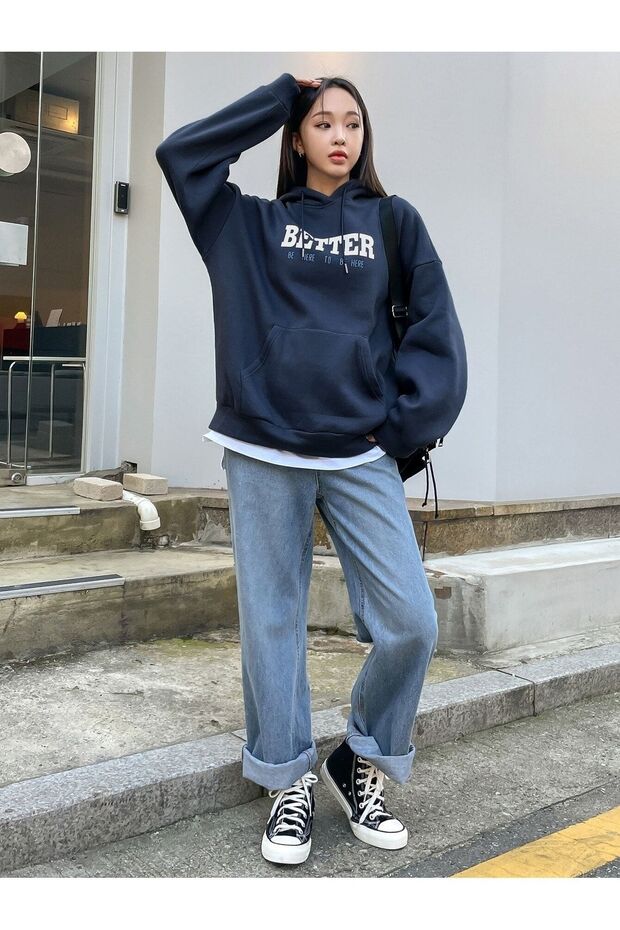 Better Sweatshirt - Lacivert Baskılı Oversize Şardonlu Kapüşonlu - 4