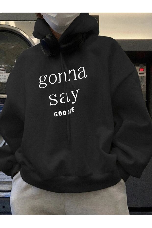 سويت شيرت Gonna Say Goodbye - هوديي شال كبير الحجم مطبوع باللون الأسود