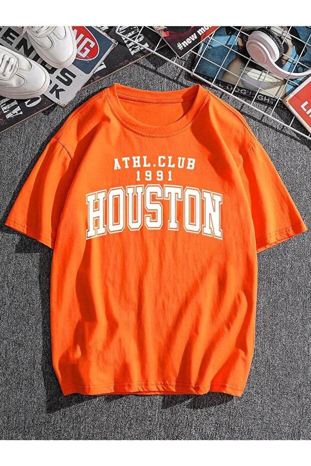 Houston 1991 T-shirt - Orange, Printed, Crew Neck, Oversize, Short Sleeve, Loose