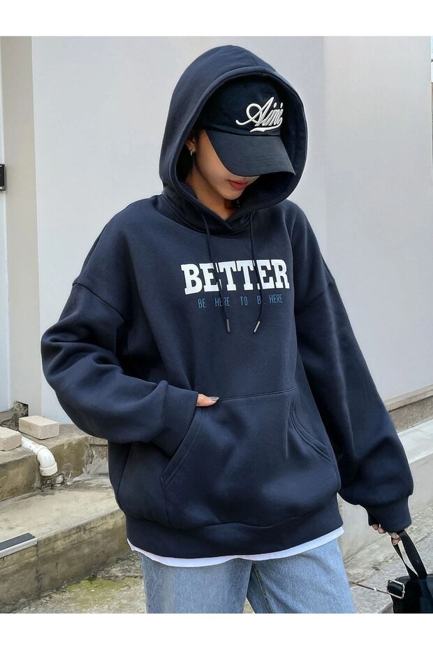 Better Sweatshirt - Lacivert Baskılı Oversize Şardonlu Kapüşonlu - 3