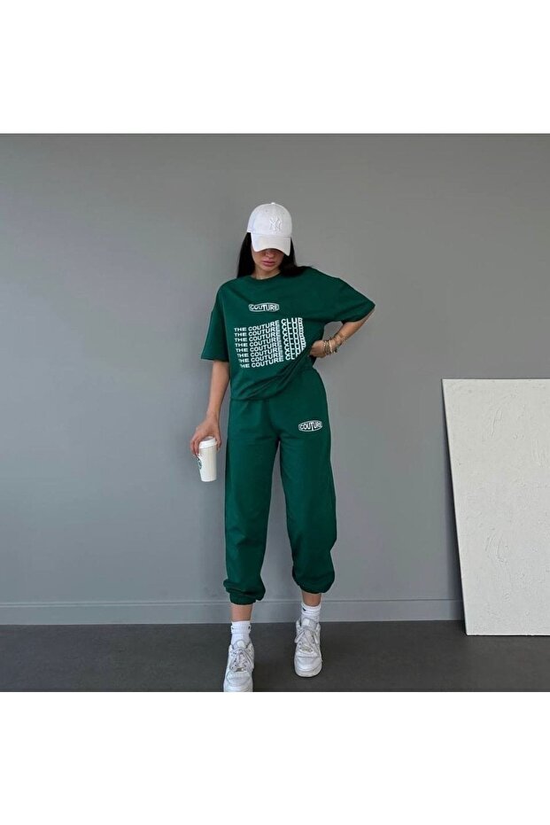 Coutre Sweatpants and T-Shirt -Green Jogger T-Shirt Bottom Top Tracksuit Set Oversize Crew Neck