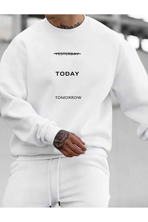 Today Sweatshirt - White Printed Oversize Raised Crew Neck