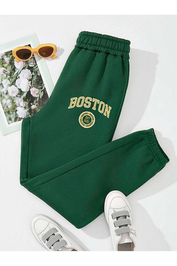 Boston Eşofman Altı Jogger - Nefti Yeşil Baskılı Lastik Paça Yüksek Bel Kışlık - 1