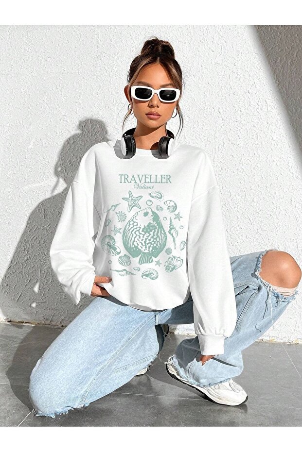 Traveler Valiant Sweatshirt - White Printed Oversize Ruffled Crew Neck