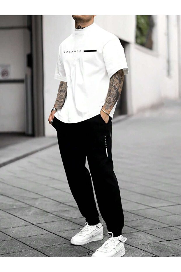 3 İplik Balance Line T-Shirt Sweatpants - White Black Jogger T-Shirt Bottom Top Set Oversize Crew Neck