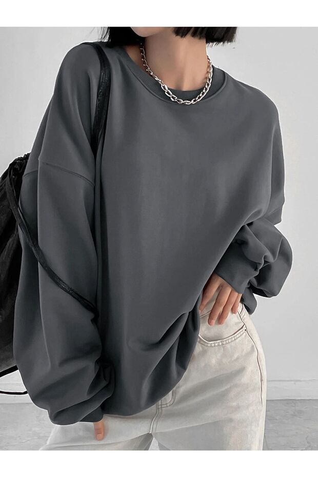 Füme Kalın Sweatshirt - Oversize Şardonlu Bisiklet Yaka - 1