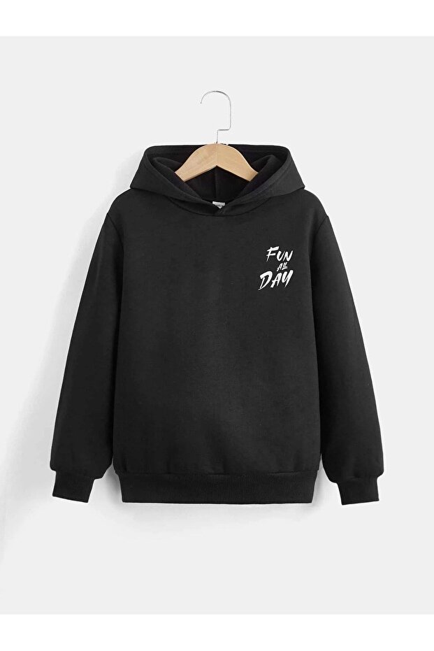 Fun All Day Sweatshirt - Black Printed Oversize Ribbon Hoodie