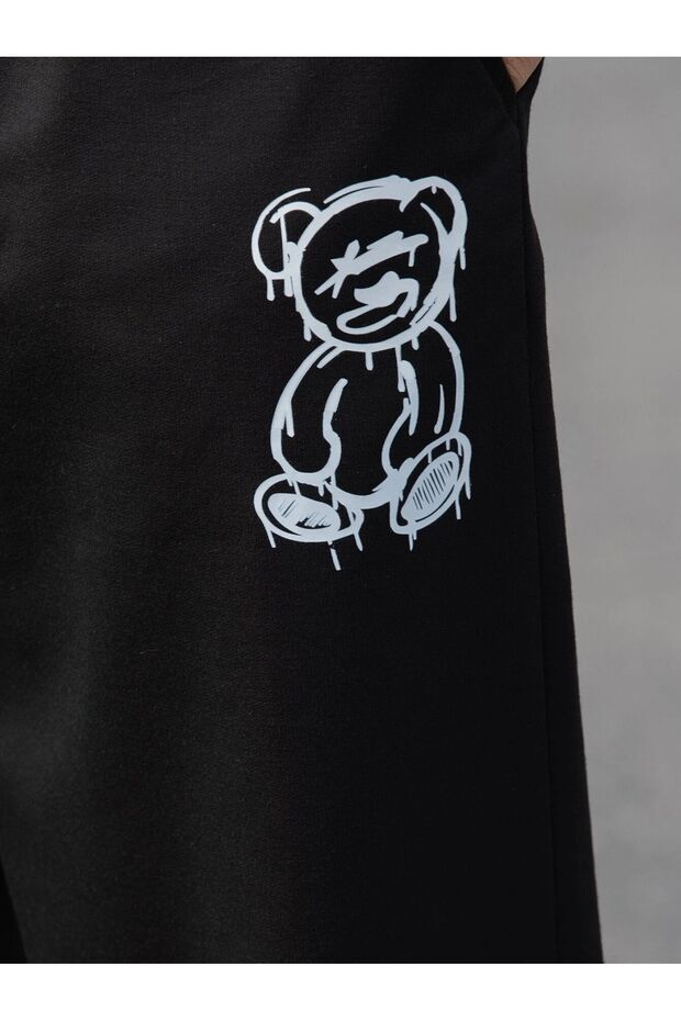 Bear Eşofman Altı Jogger - Siyah Baskılı Lastik Paça Yüksek Bel - 3