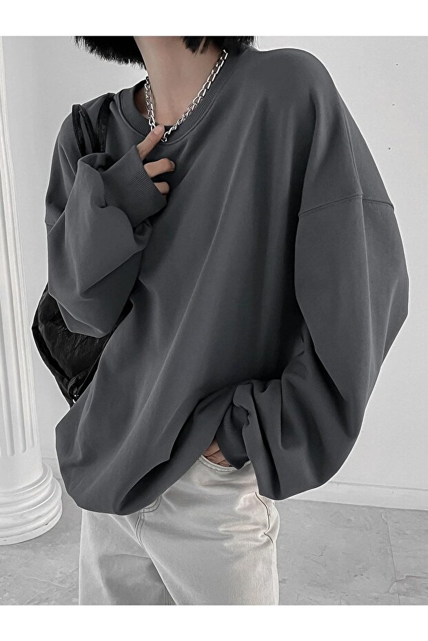 Füme Kalın Sweatshirt - Oversize Şardonlu Bisiklet Yaka - 6