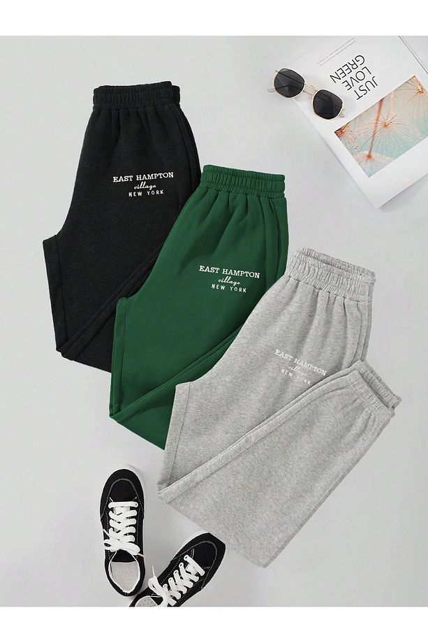 3-lü East Hampton Baskılı Jogger Eşofman Altı - Siyah Nefti Yeşil Gri Lastik Paça Yüksek Bel Yazlık - 1