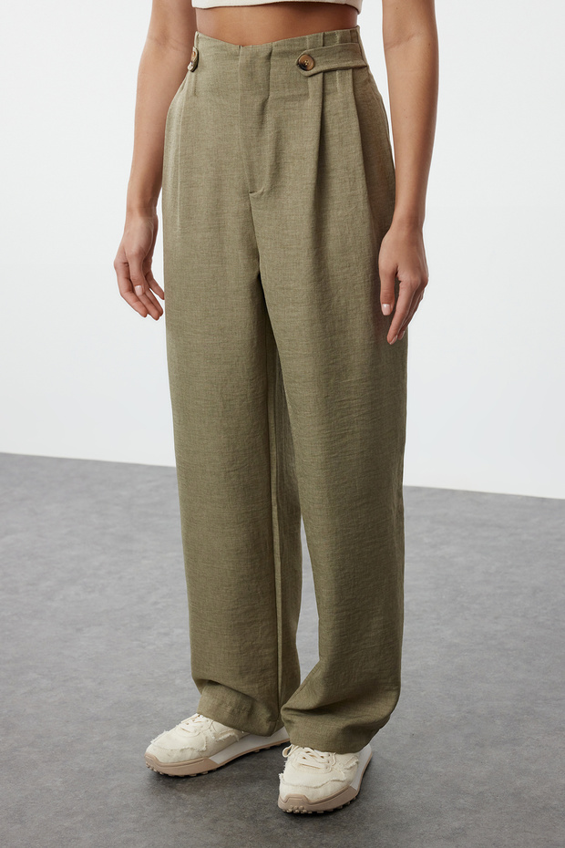 Haki Bel Detaylı Wide Leg/Geniş Paça Dokuma Pantolon TEDAW25PL00000 - 3
