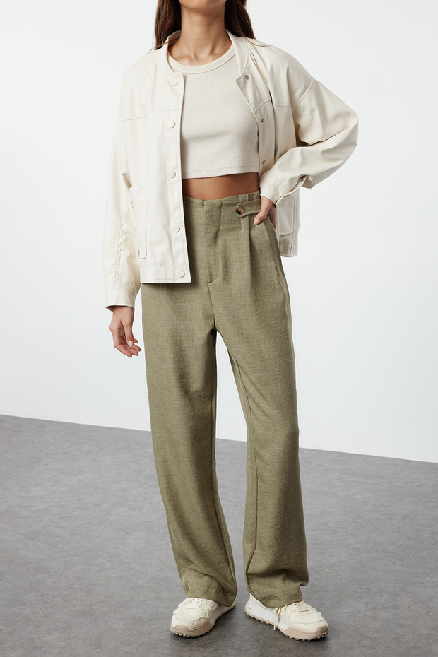 Haki Bel Detaylı Wide Leg/Geniş Paça Dokuma Pantolon TEDAW25PL00000 - 1
