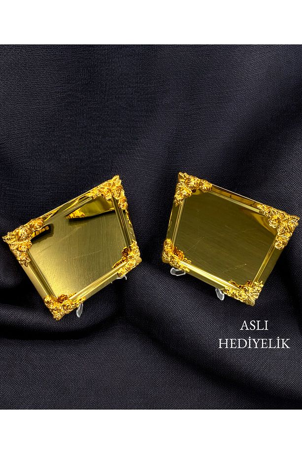 2'Li Lüx  4 köşesi Çiçekli GOLD Kare  Kaplama Model çay,kahve,ikram servis Sunum Tepsisi 21x21 - 1