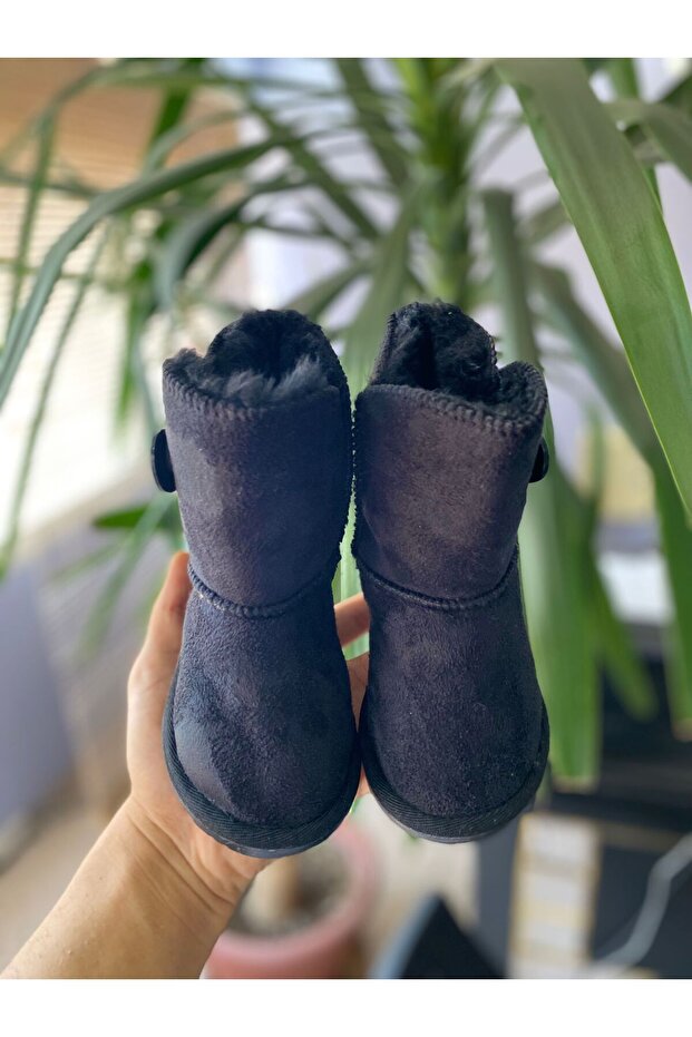 Çocuk tek düğme siyah   ortaboy Süet Bot Içi Kürklü Kışlık Taban Bot & Bootie - 4